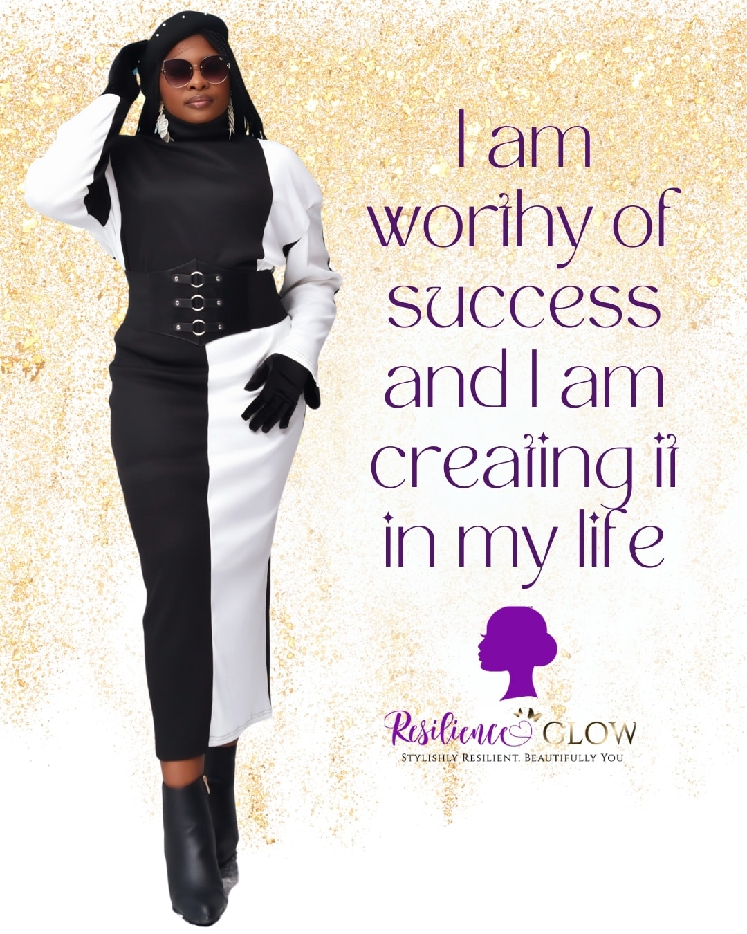 Diane Tewah Resilience Glow Award recipient in black and white outfit